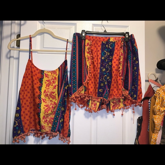 Boohoo Orange Pom Pom Tribal Print Two Piece Set - Picture 5 of 12